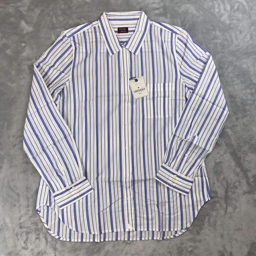 🥳Untuckit Sz 12 Shirt Womens Blue White Stripe Pinot Perse Button Up NWT